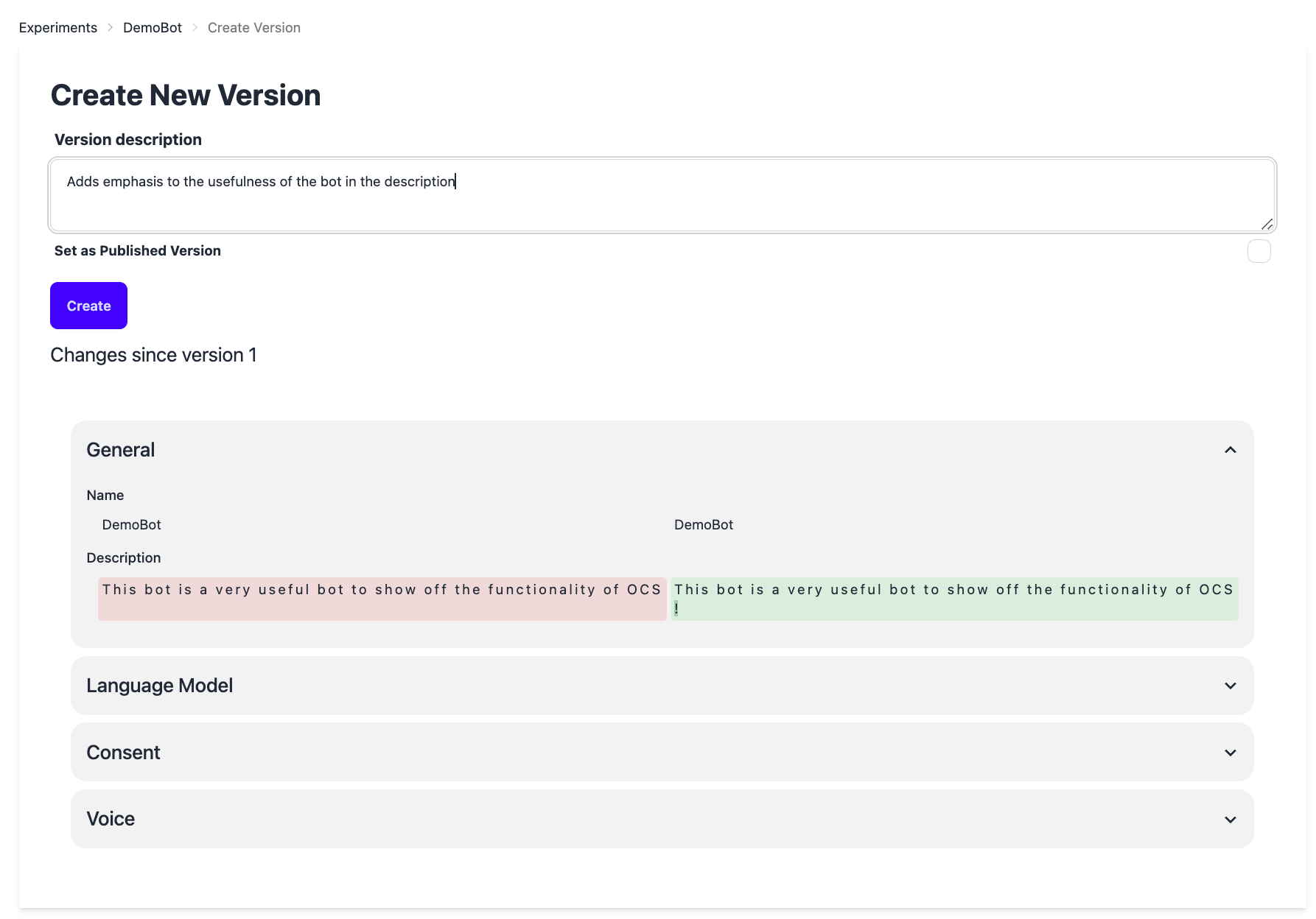 Create new Chatbot Version View