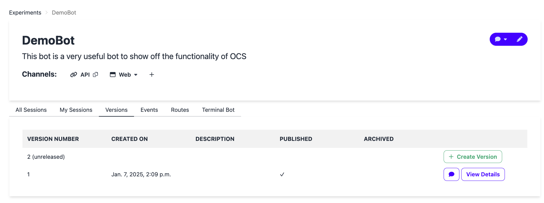Chatbot Version Table
